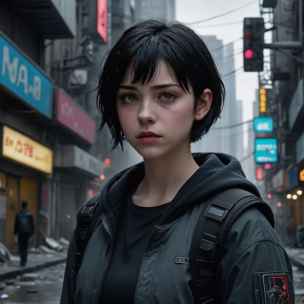 a woman with a backpack on a city street in the rain, looking at the camera, with a city in the background, neo-figurative, a character portrait, Dai Jin, cgstudio