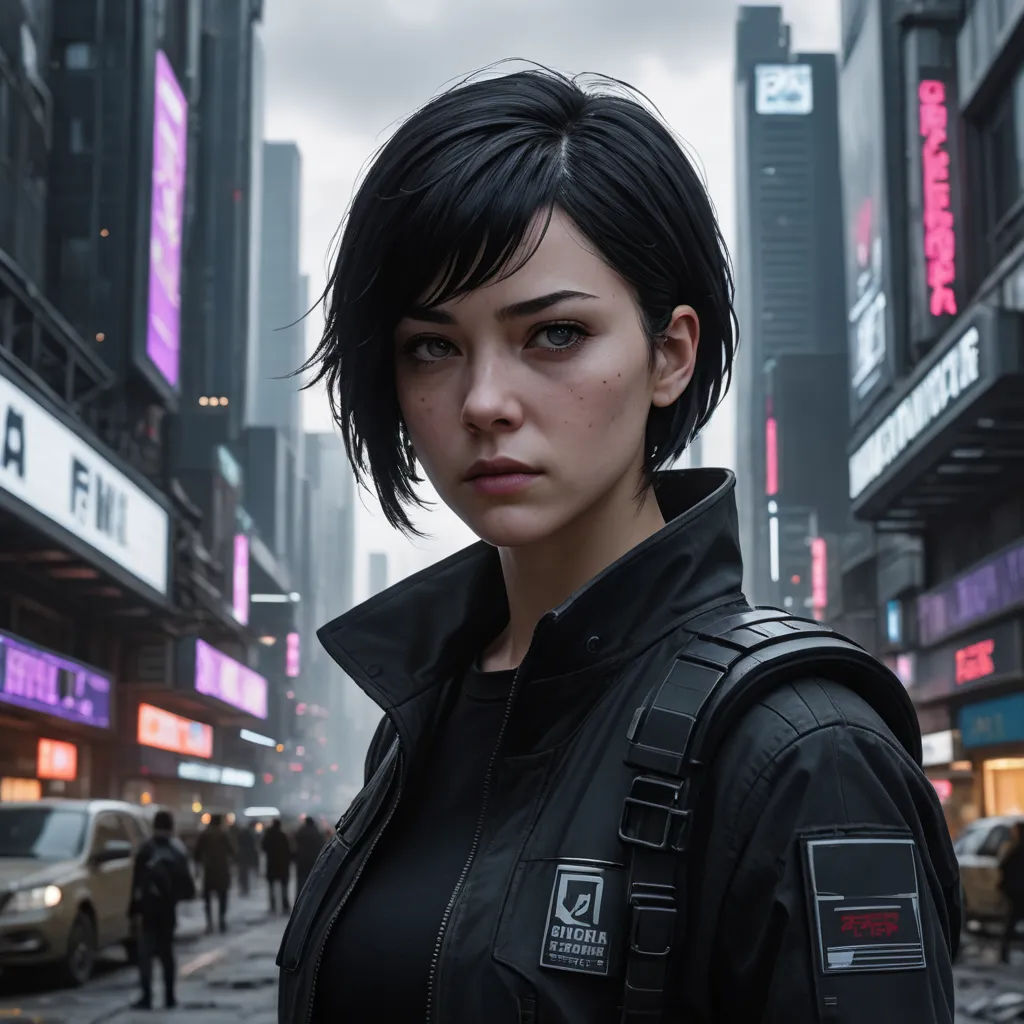 a woman in a black jacket standing in a city street with a cityscape in the background and a few people walking around, photorealism, a character portrait, Cedric Peyravernay, cgstudio