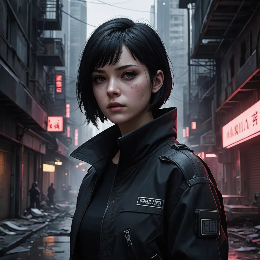 a woman in a black jacket standing in a city street with a red light behind her and a red neon sign, photorealism, cyberpunk art, Cedric Peyravernay, cgstudio
