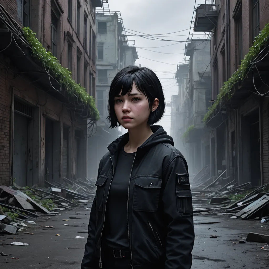 a woman standing in a street with a bunch of buildings in the background and a bunch of debris on the ground, neo-figurative, a character portrait, Chen Jiru, promotional image