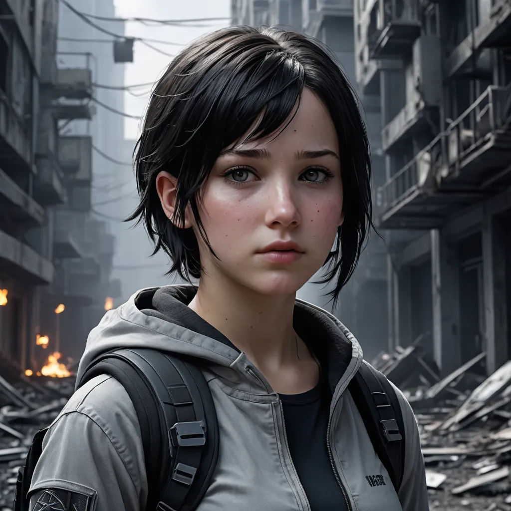 a woman with a backpack standing in a city street with buildings in the background and a fire in the distance, photorealism, a character portrait, Ada Hill Walker, cgstudio