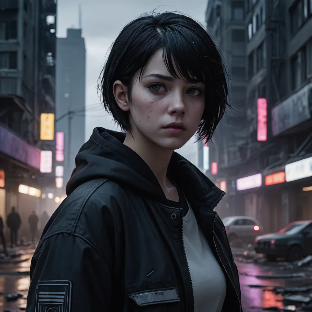 a woman standing in the middle of a city street in the rain with a black jacket on and a city street with neon signs, neo-figurative, cyberpunk art, David Park, cgstudio