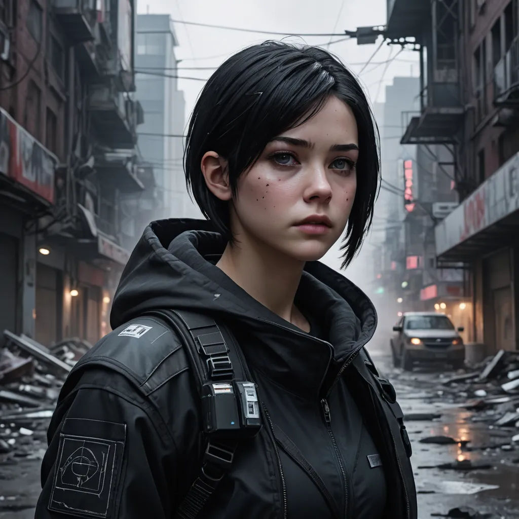 a woman in a black jacket standing in a street with a car in the background and a building with a red light, antipodeans, a character portrait, Eve Ryder, cgstudio