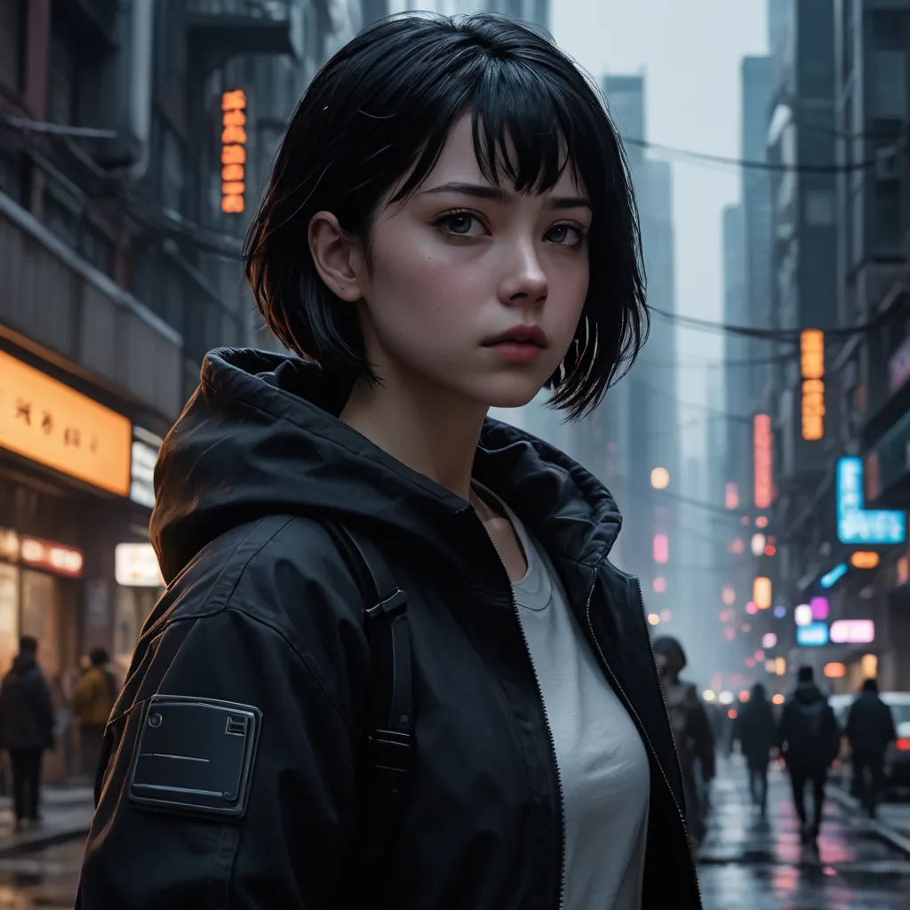 a woman standing on a city street in the rain with a black jacket on and a city street in the background, neo-figurative, cyberpunk art, Chen Jiru, ghost in the shell