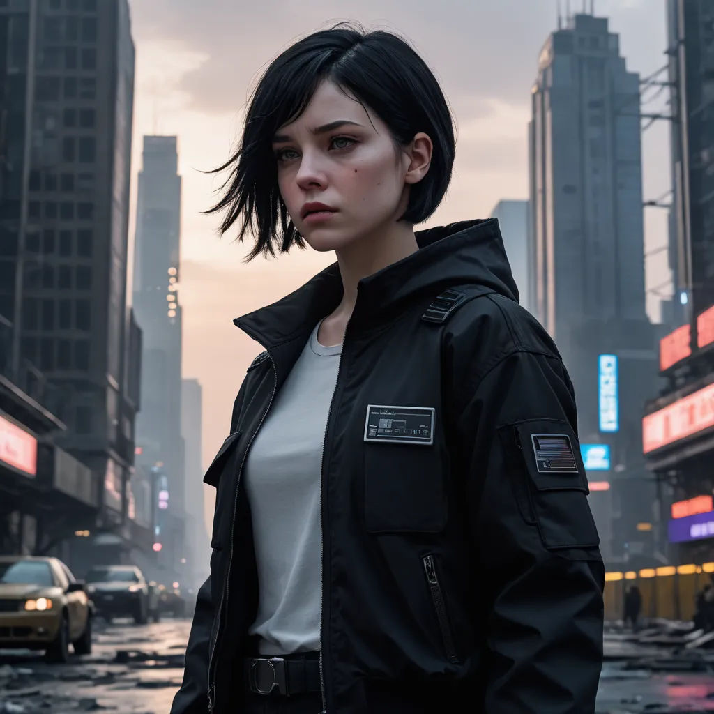 a woman standing in the middle of a city street with a city skyline in the background and a car in the foreground, photorealism, a character portrait, Cedric Peyravernay, promotional image