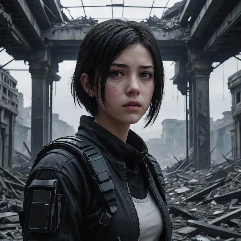 a woman in a black jacket standing in a destroyed area with a bridge in the background and debris everywhere, photorealism, a character portrait, Eizan Kikukawa, unreal engine highly rendered