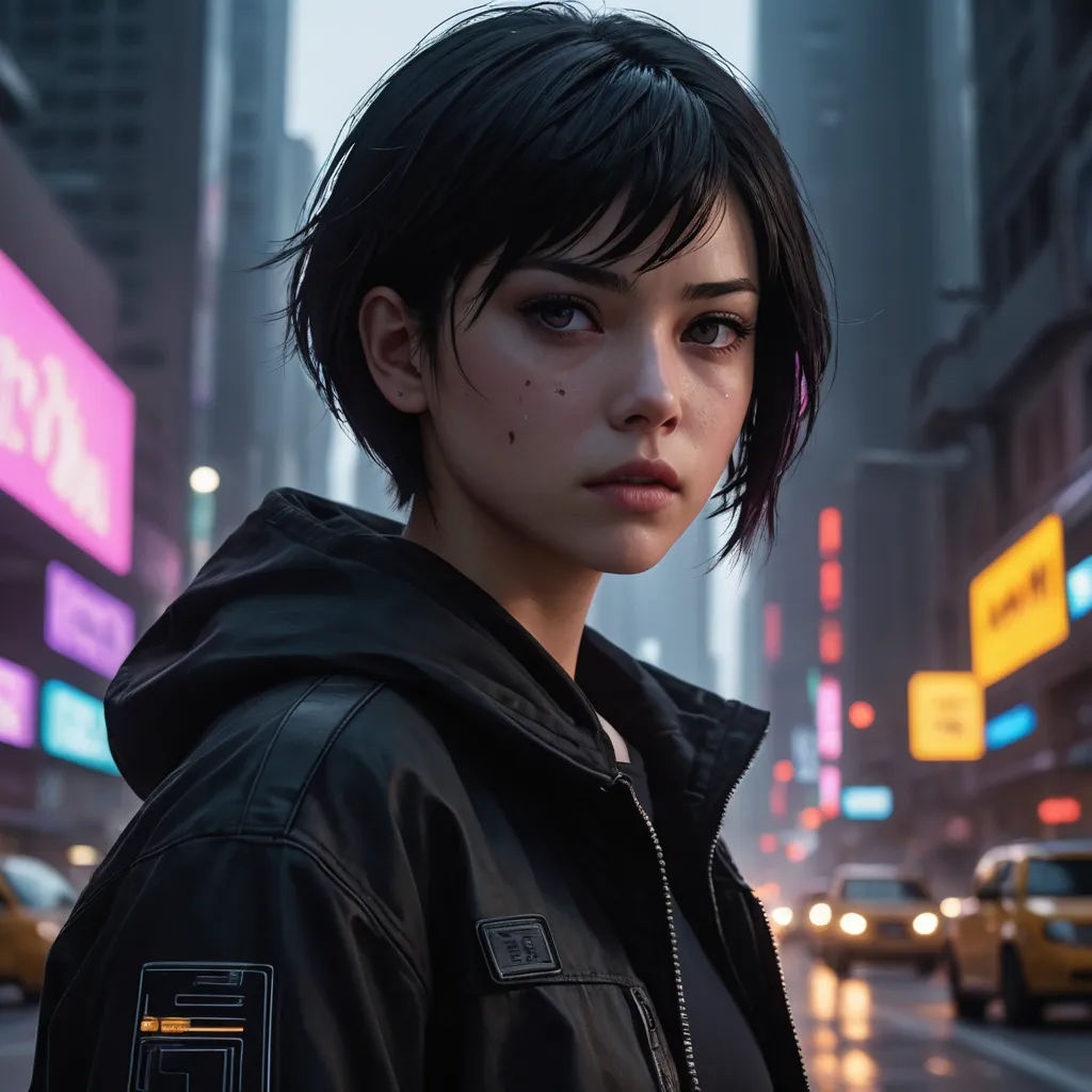 a woman in a black jacket standing in the street in a city at night with neon signs and buildings, photorealism, cyberpunk art, Cedric Peyravernay, cgstudio