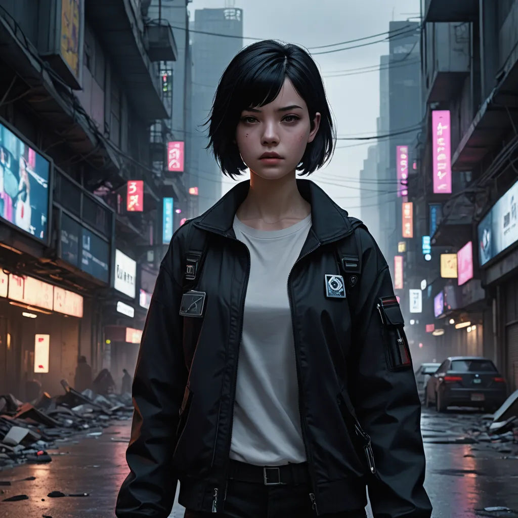 a woman standing in a city street with a black jacket on and a white shirt on her chest and a black jacket on her shoulder, photorealism, cyberpunk art, Cedric Peyravernay, cgstudio