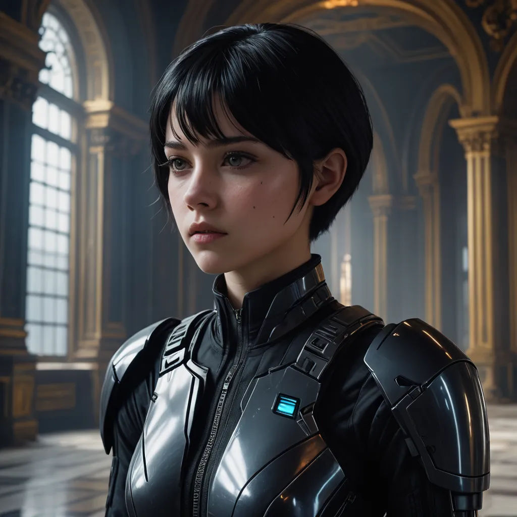 a woman in a futuristic suit standing in a room with a large window and a clock on the wall, photorealism, computer graphics, Cedric Peyravernay, unreal engine 5 highly rendered