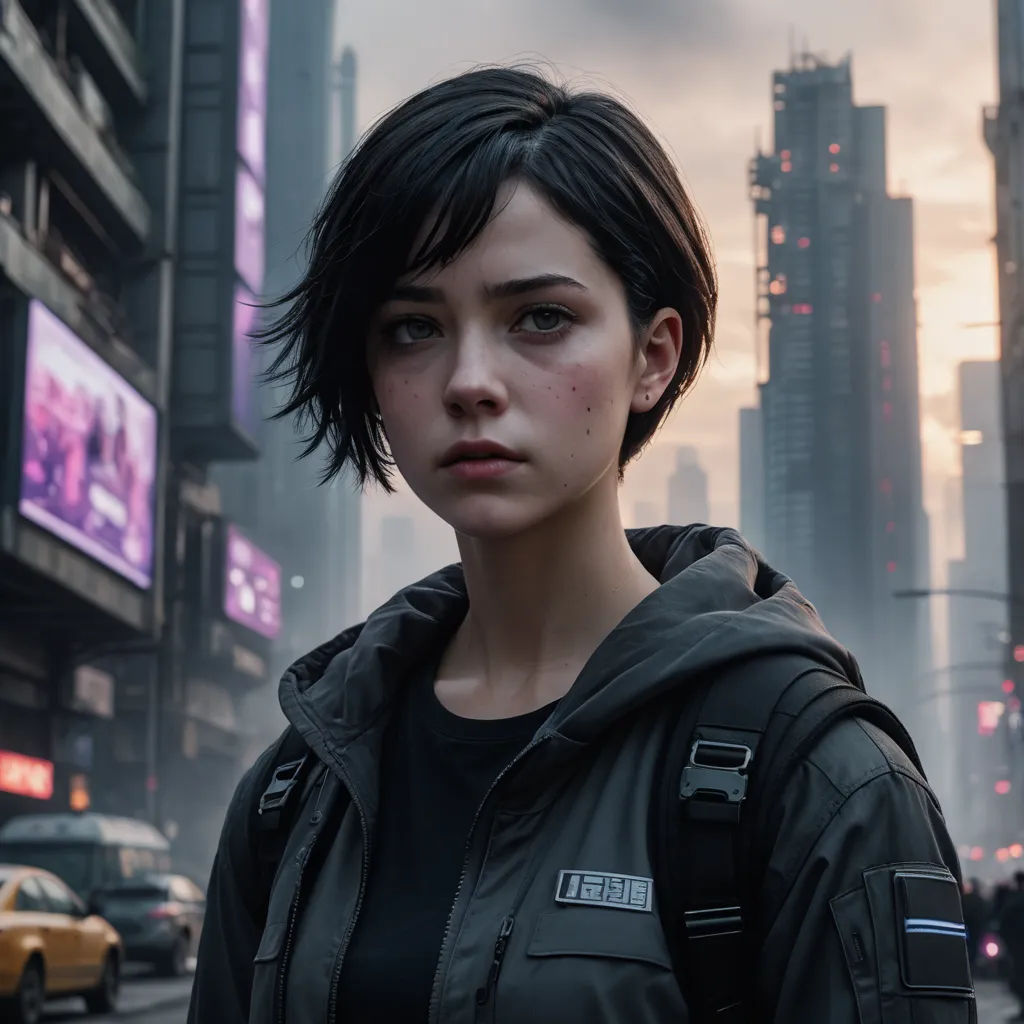 a woman in a black jacket standing in a city street with a city skyline in the background and a dark sky, photorealism, cyberpunk art, Cedric Peyravernay, cgstudio