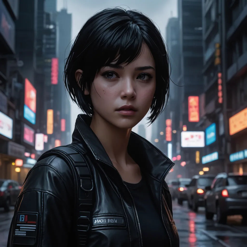 a woman in a black leather jacket standing in the rain in a city at night with neon signs and buildings, photorealism, cyberpunk art, Artgerm, stanley artgerm lau