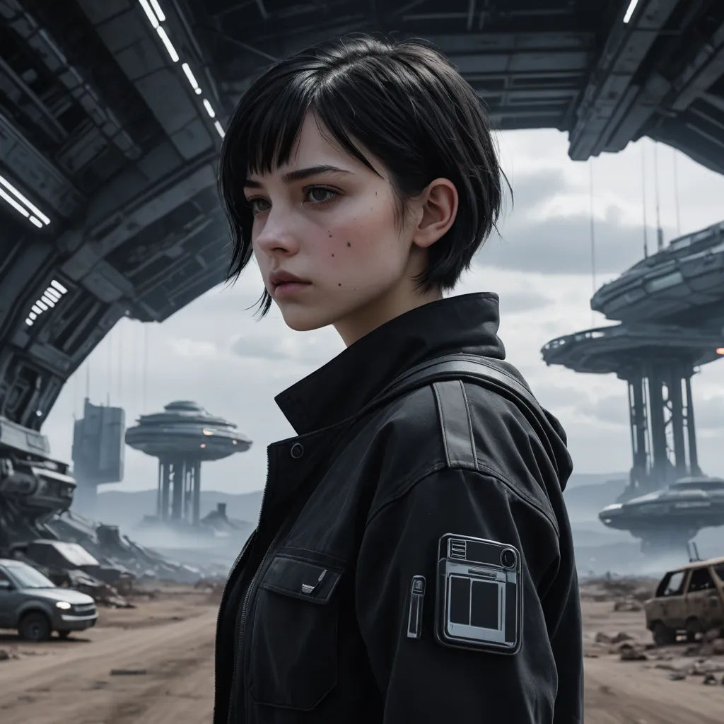 a woman in a black jacket standing in a sci - fi setting with a futuristic city in the background, antipodeans, a detailed matte painting, Eve Ryder, promotional image