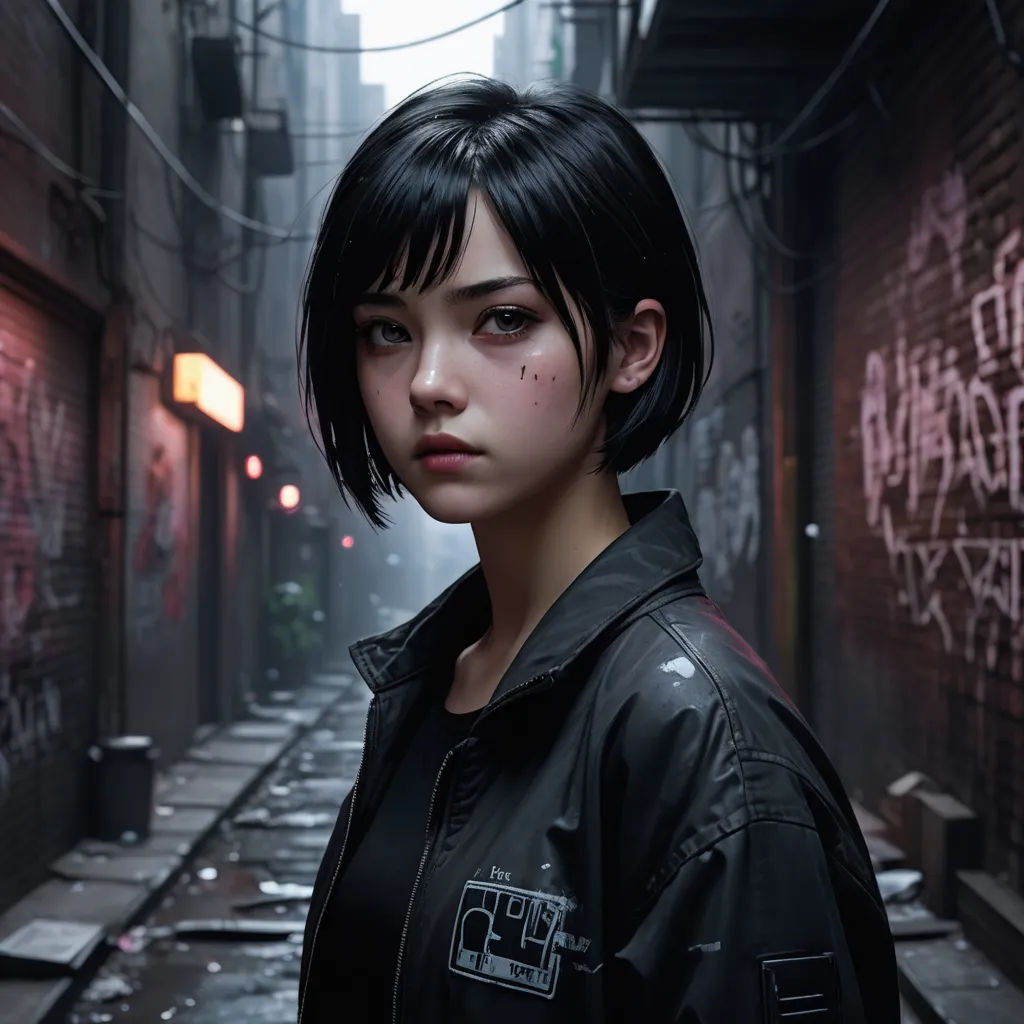a woman standing in an alley way with graffiti on the walls and a black jacket on her shoulders and a black jacket on her shoulder, photorealism, cyberpunk art, Cedric Peyravernay, cyberpunk style