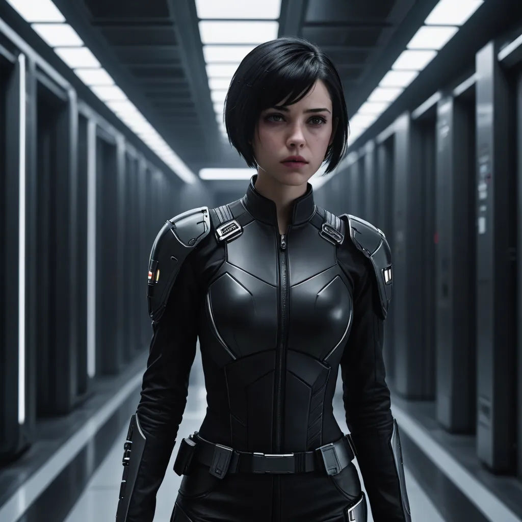 a woman in a black suit is standing in a hallway with a light on her head and a gun in her hand, antipodeans, a character portrait, Eve Ryder, promotional image