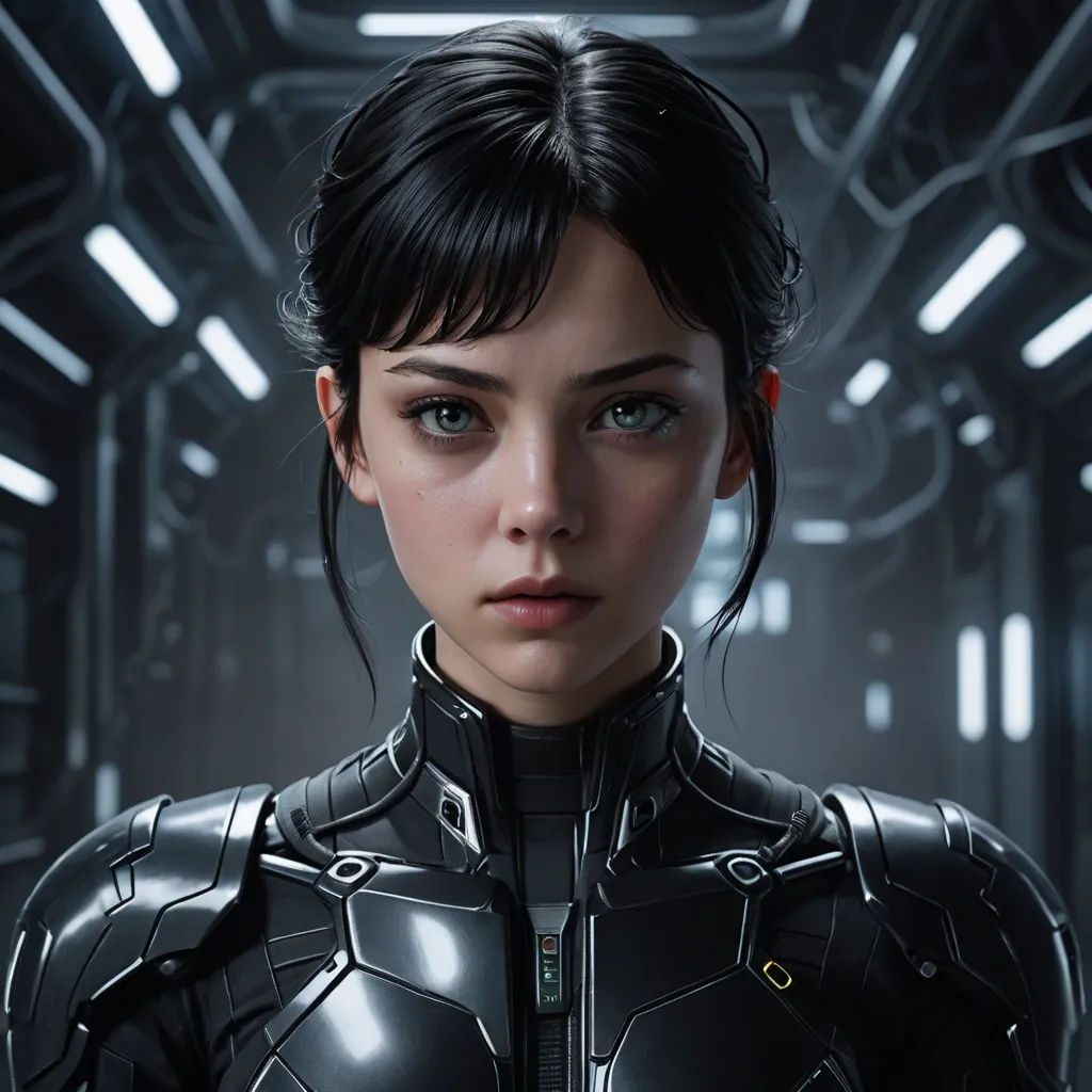 a woman in a futuristic suit looks into the camera with a serious look on her face and shoulders, in a dark room, photorealism, computer graphics, Cedric Peyravernay, cgstudio