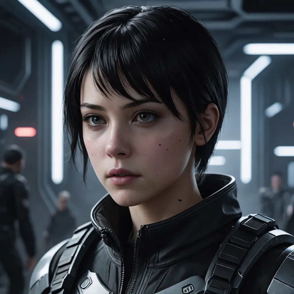 a woman in a futuristic suit standing in a room with other people in the background and a man in a suit, photorealism, a character portrait, Eve Ryder, unreal engine 5 highly rendered