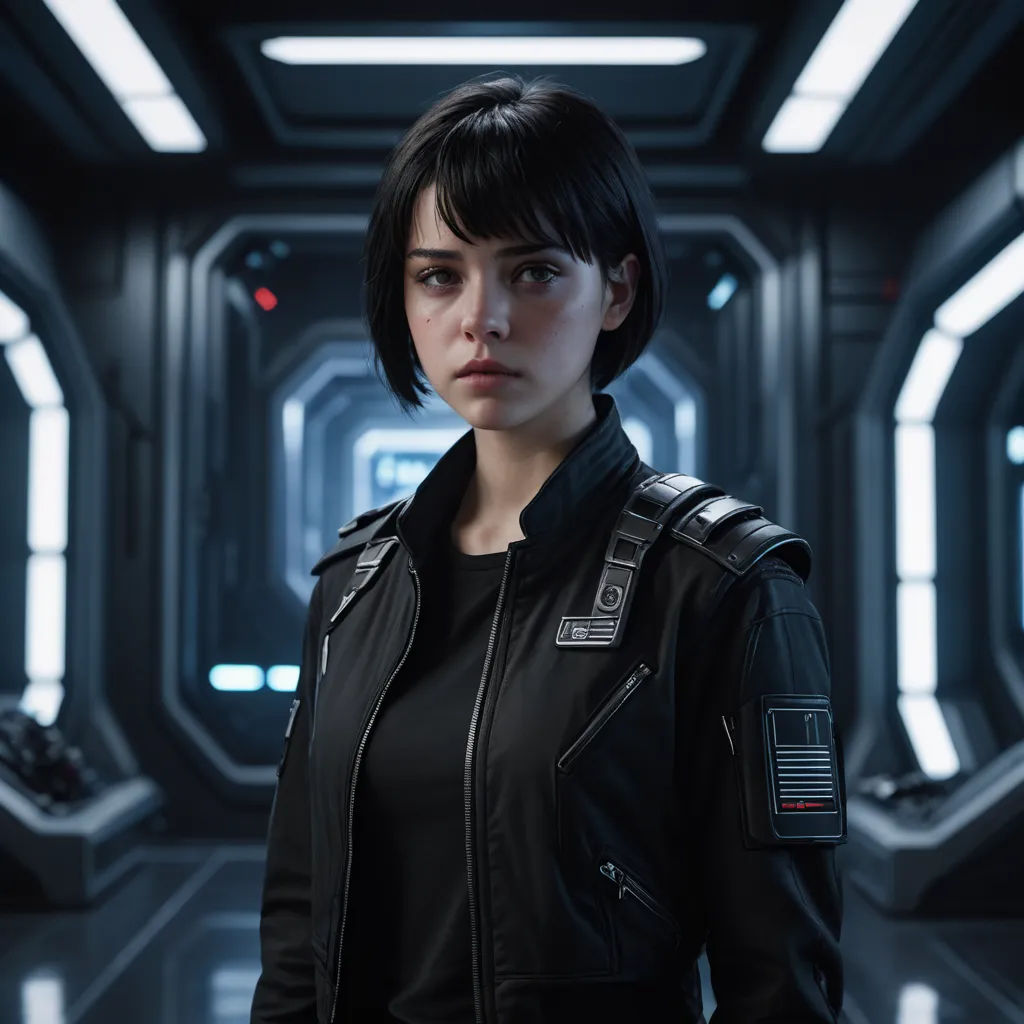 a woman in a black leather jacket standing in a sci - fi setting with a sci - fi light, photorealism, a character portrait, Eve Ryder, unreal engine 5 highly rendered