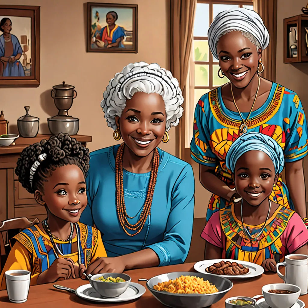 a painting of a family sitting at a table with food and drinks in front of them, and a woman standing behind them, Chinwe Chukwuogo-Roy, highly detailed digital painting, a storybook illustration, lyco art