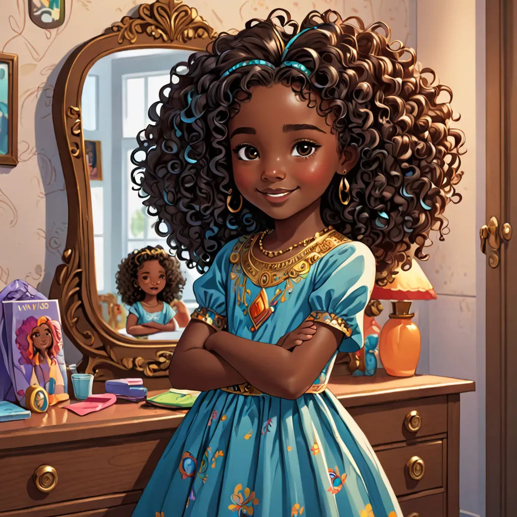 a cartoon girl with curly hair standing in front of a dresser with a mirror and a doll in the background, Chinwe Chukwuogo-Roy, highly detailed digital painting, a storybook illustration, photorealism