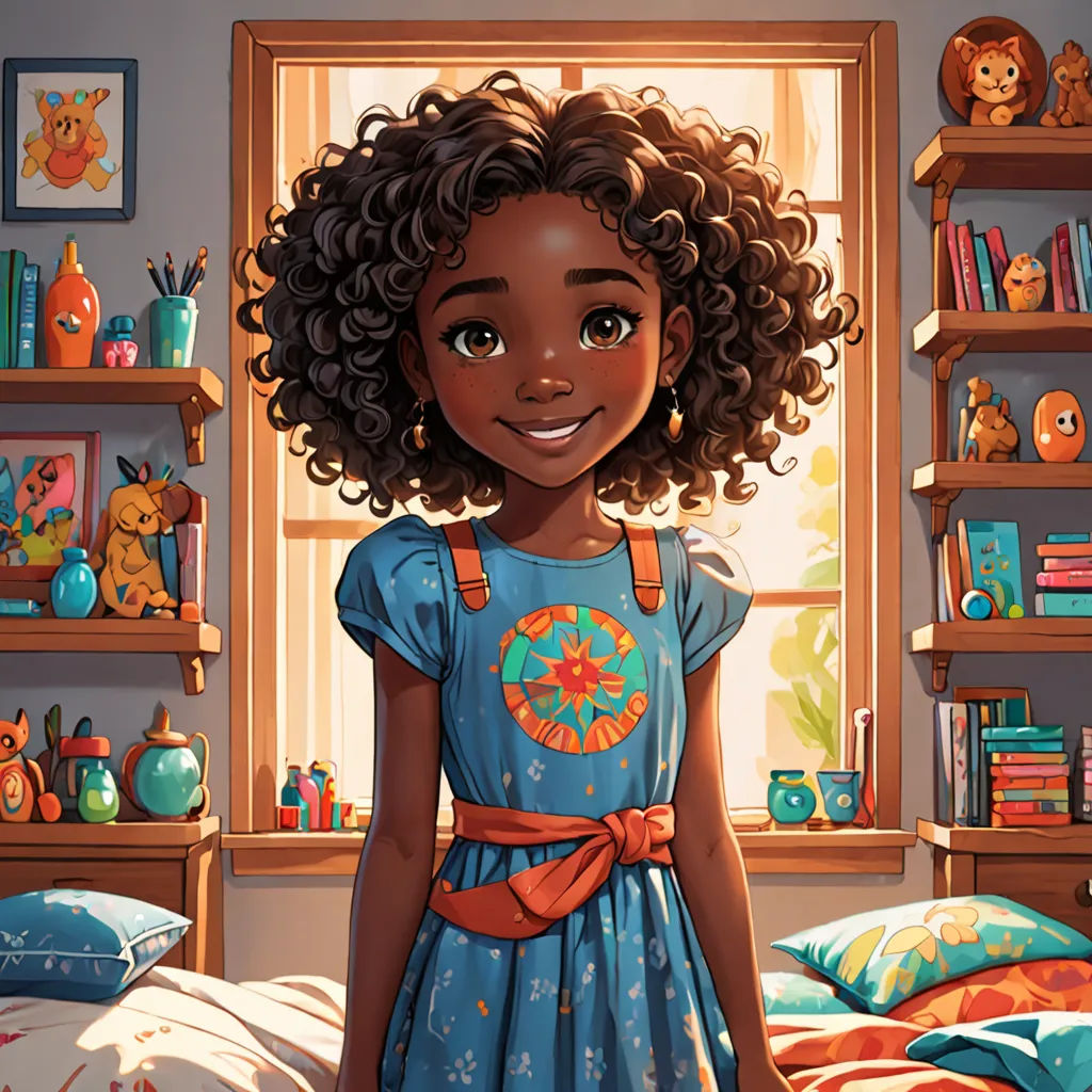 a cartoon girl standing in a bedroom with a teddy bear on the wall behind her and a window behind her, Alexis Simon Belle, rossdraws global illumination, a storybook illustration, photorealism