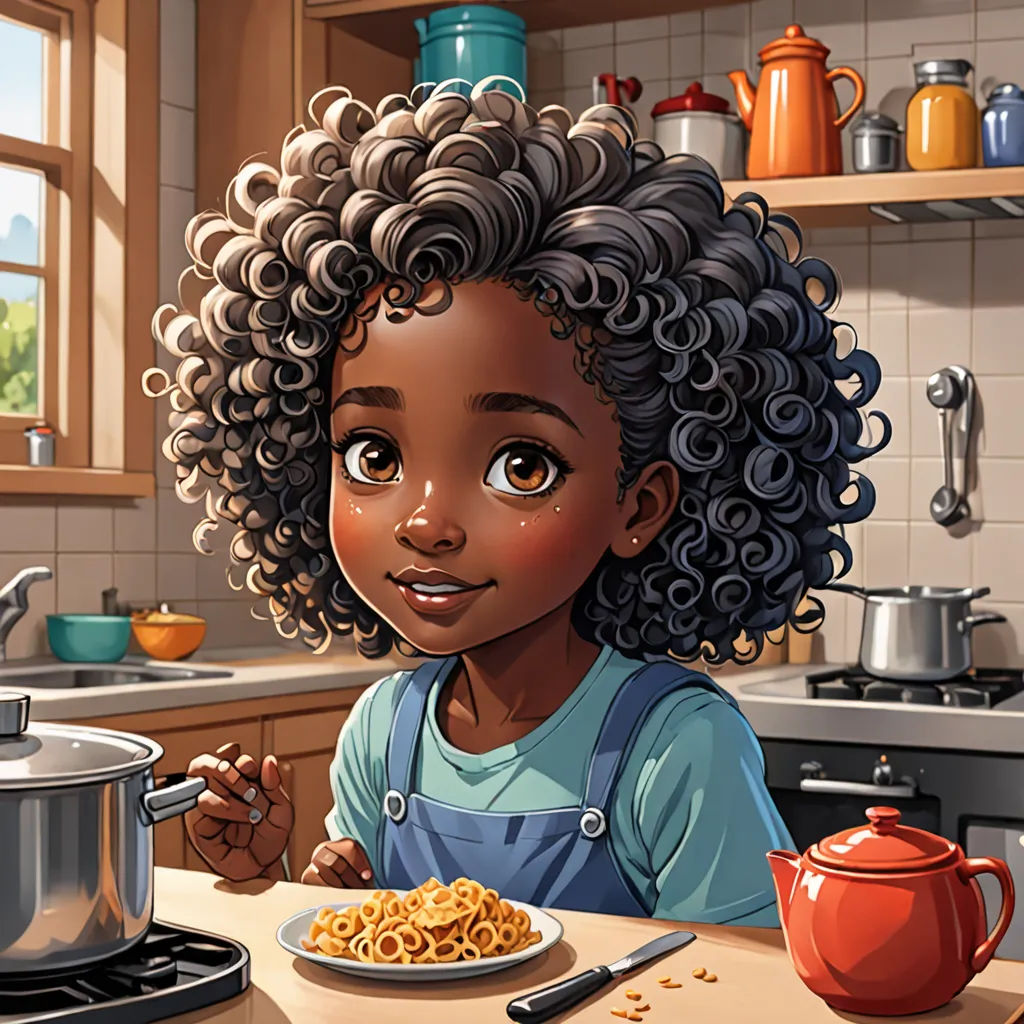 a cartoon girl sitting at a kitchen table with a plate of food in front of her and a pot of food on the counter, Cliff Childs, highly detailed digital painting, a character portrait, photorealism