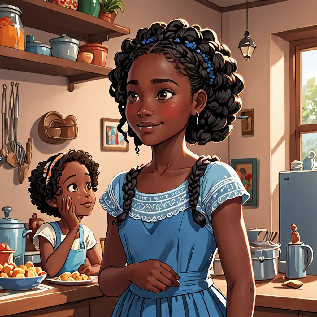 a cartoon of a girl and a girl in a kitchen with a bowl of fruit on the counter and a shelf with pots and pans, Constance Gordon-Cumming, comic cover art, a storybook illustration, american scene painting