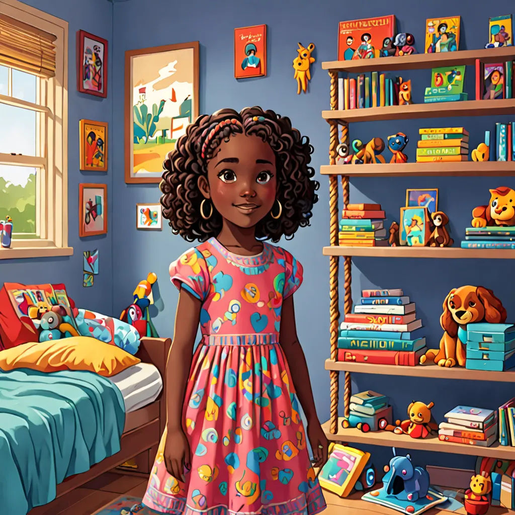 a cartoon girl standing in a bedroom with a bookcase full of books and toys on the floor and a bed with a teddy bear on the wall, Chris LaBrooy, promotional image, a storybook illustration, american scene painting