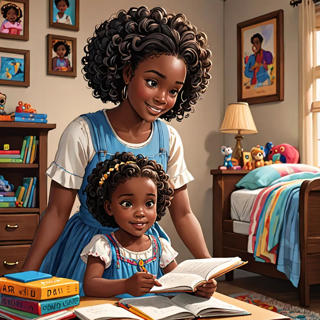 a woman and a child are reading a book together in a bedroom with a bed and a dresser with pictures on the walls, Chinwe Chukwuogo-Roy, storybook illustration, a storybook illustration, american scene painting