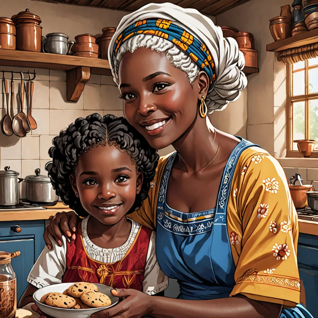 a woman and a child are in a kitchen with cookies on a plate and a pot of tea on the counter, Dorothy Coke, highly detailed digital painting, a storybook illustration, american scene painting