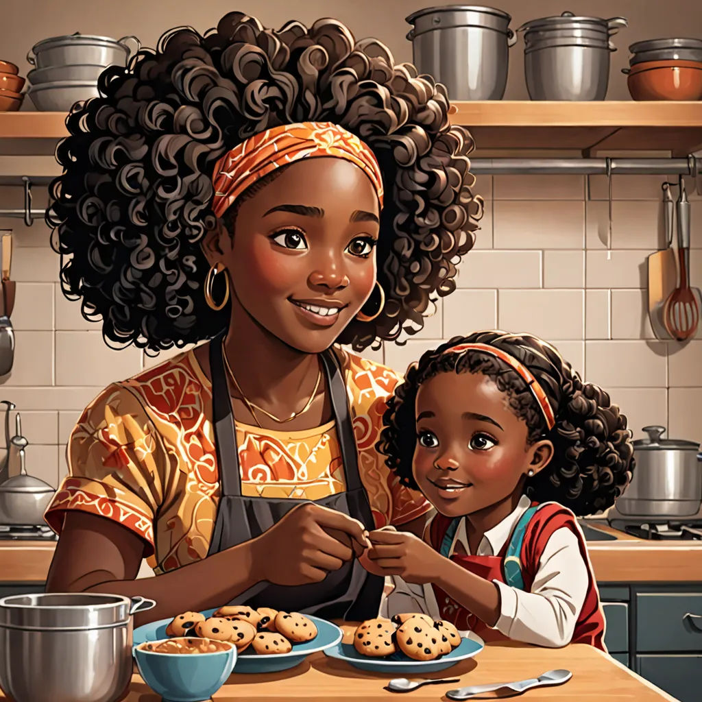 a woman and a child are in the kitchen together, one is holding a cookie and the other is eating cookies, Chinwe Chukwuogo-Roy, storybook illustration, a storybook illustration, afrofuturism