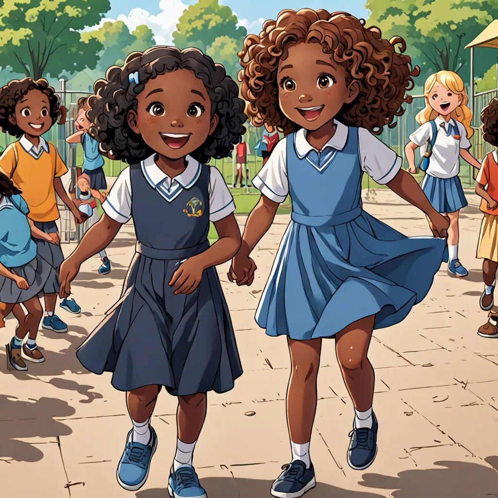 a group of children walking down a sidewalk holding hands and smiling at the camera, with a park in the background, Chinwe Chukwuogo-Roy, official art, a storybook illustration, paris school