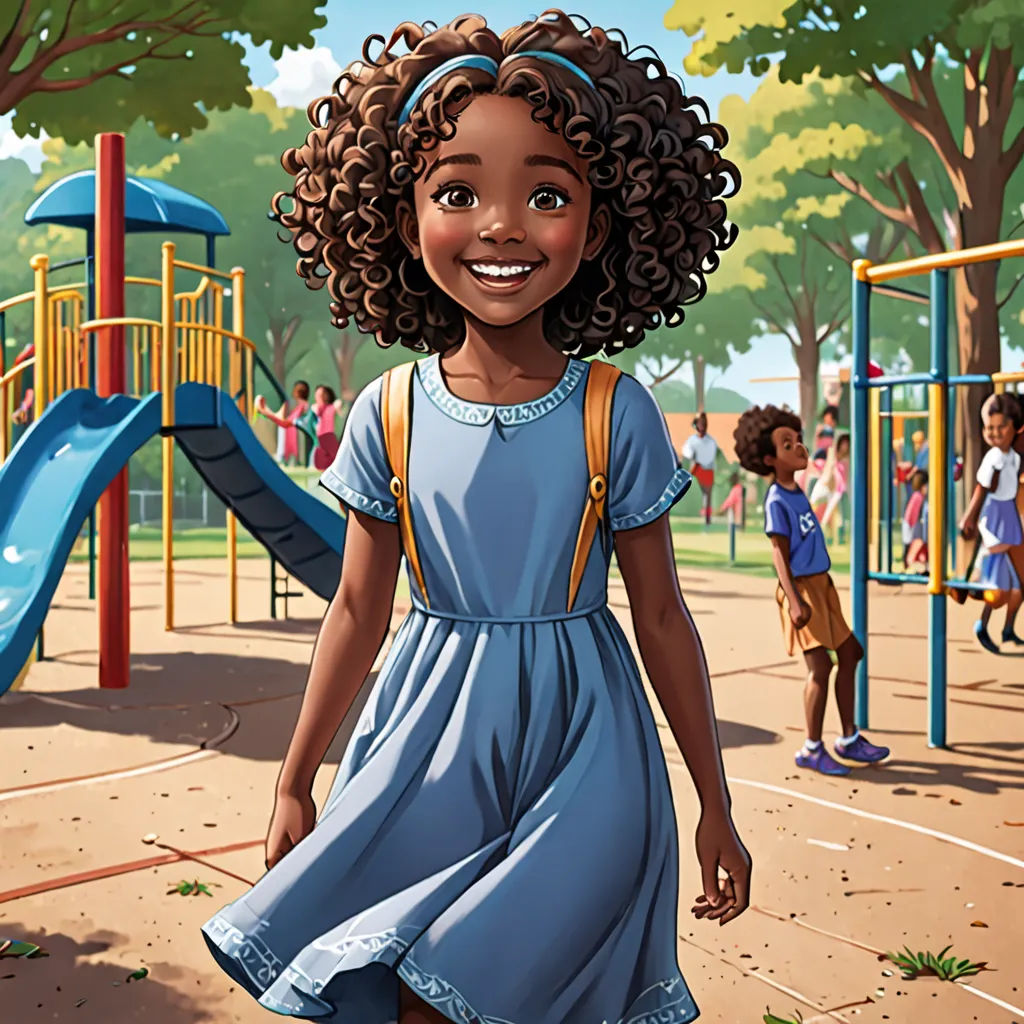 a cartoon girl in a blue dress walking through a playground with a playground set in the background and children playing in the background, Constance Gordon-Cumming, storybook illustration, a storybook illustration, american scene painting