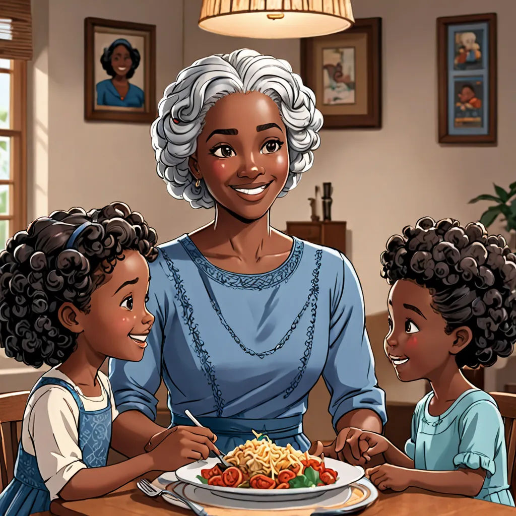 a woman and two children are eating spaghetti together at a table in a dining room with a lamp on, Ella Guru, storybook illustration, a storybook illustration, american scene painting