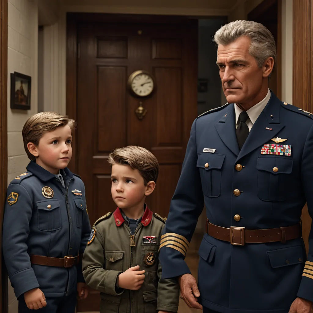 a man in a uniform standing next to two boys in uniform in a hallway with a clock on the wall, american realism, a poster, Charles Mahoney, promotional image