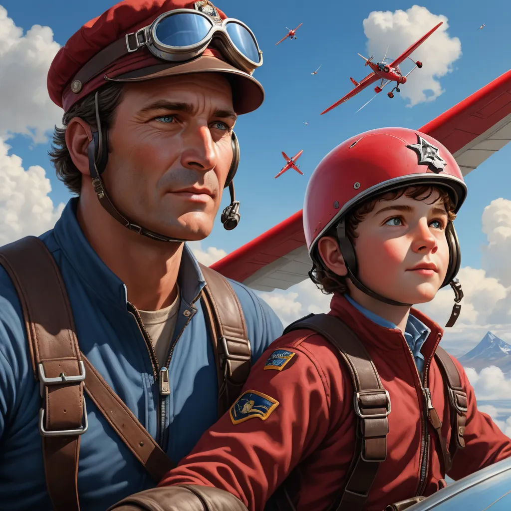 a man and a boy in pilot's gear standing next to a plane in the sky with planes in the background, socialist realism, a detailed matte painting, Brothers Hildebrandt, highly detailed digital painting
