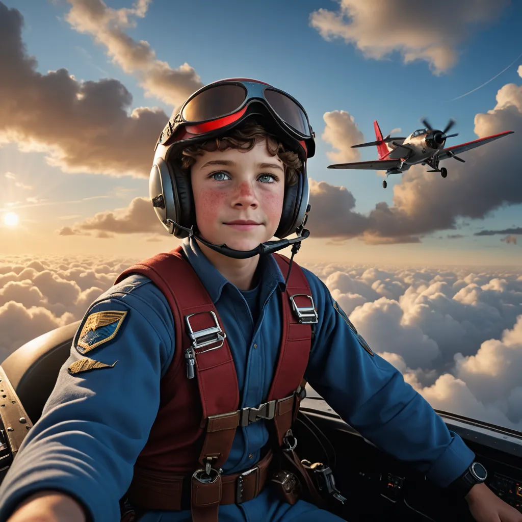 a boy in a pilot's uniform is flying a plane with a plane in the background and clouds, art photography, a detailed matte painting, Cliff Childs, award-winning photograph