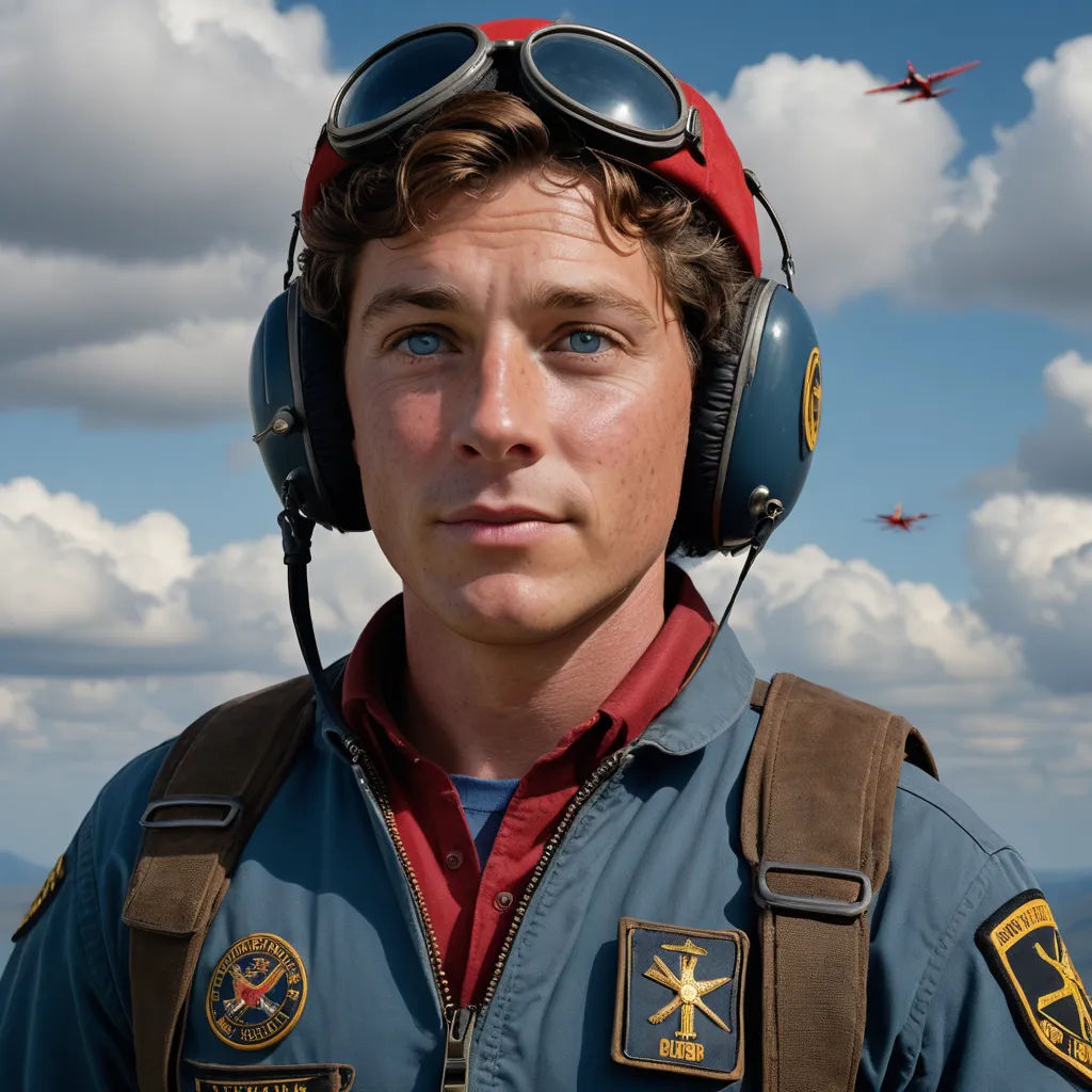 a man wearing a pilot's helmet and goggles with a sky background and clouds in the background, photorealism, a photorealistic painting, Brad Holland, promotional image