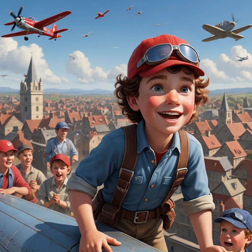 a boy in a red hat and glasses is standing on a ledge with a group of planes flying overhead, fantastic realism, a detailed matte painting, Clint Cearley, cushart krenz