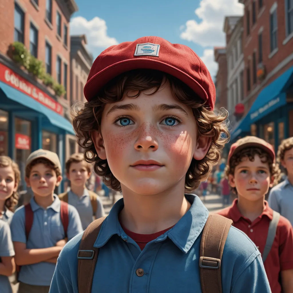 a group of young boys standing in front of a store front with a boy in a red hat looking up, american realism, a hyperrealistic painting, Brad Kunkle, j. c. leyendecker 8 k