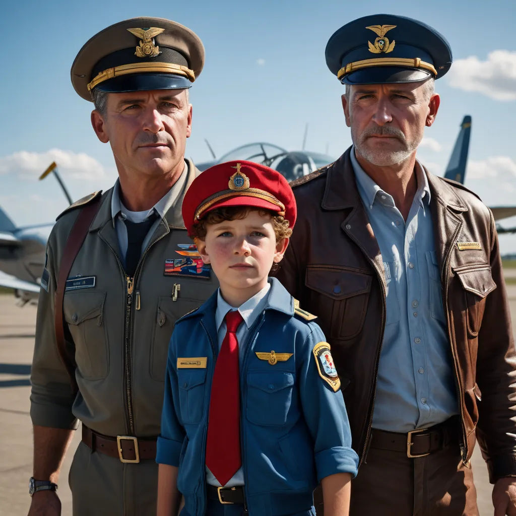 a man and two boys in uniform standing next to an airplane on the runway with a fighter jet in the background, assemblage, a character portrait, Enki Bilal, promotional image