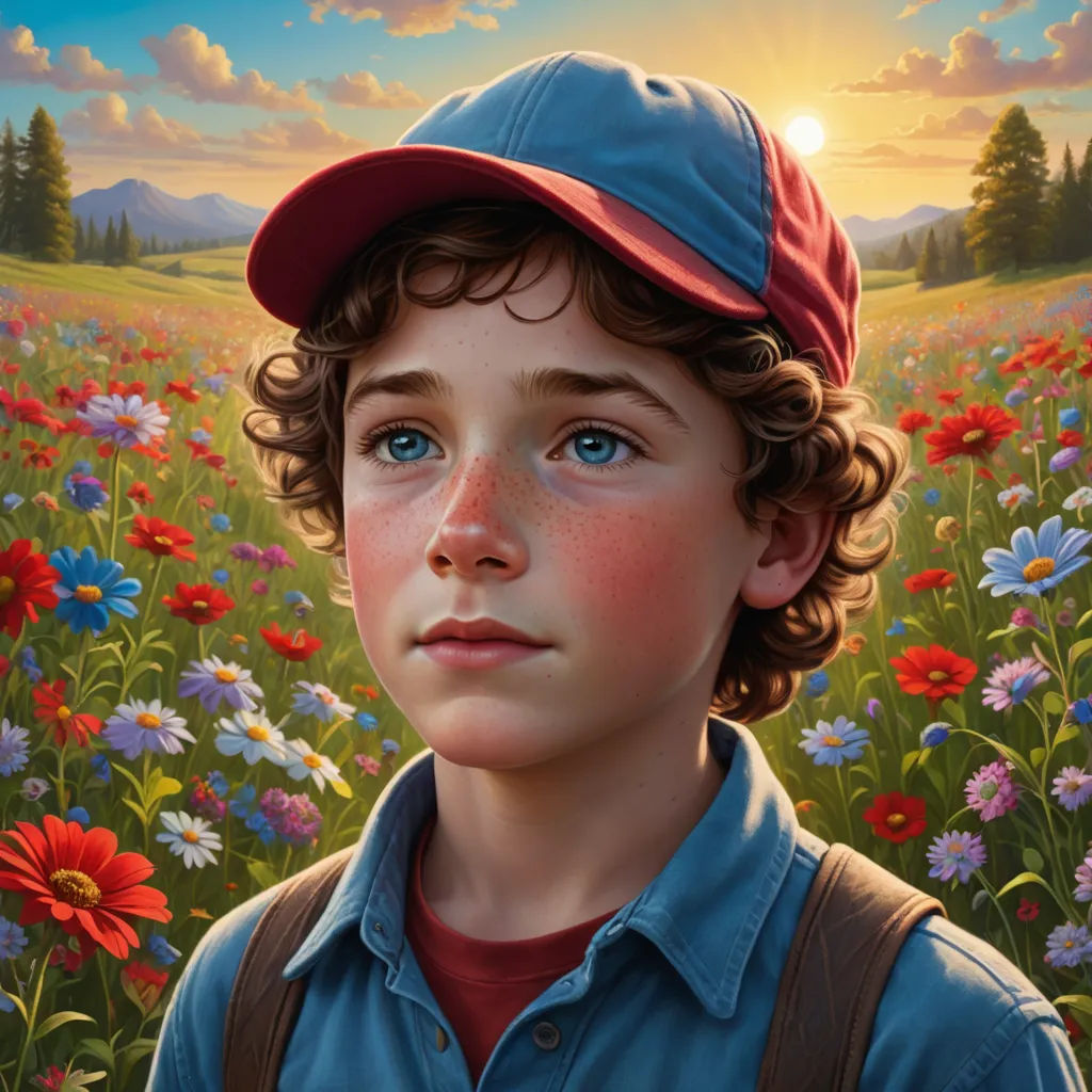 a painting of a boy in a field of flowers with the sun in the background and clouds in the sky, photorealism, poster art, Aaron Jasinski, key art