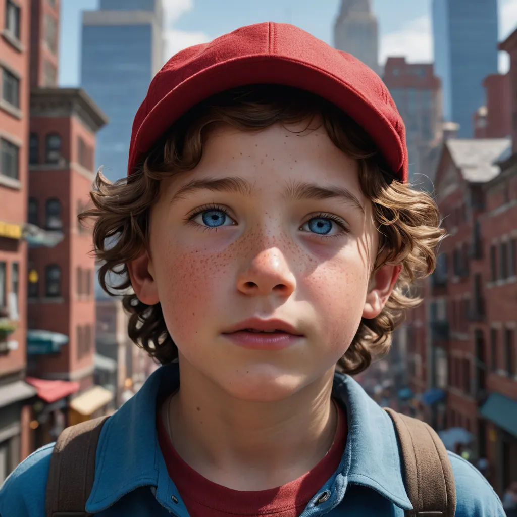 a young boy with blue eyes wearing a red hat and a blue shirt and backpack in a city street, photorealism, poster art, Drew Struzan, promotional image