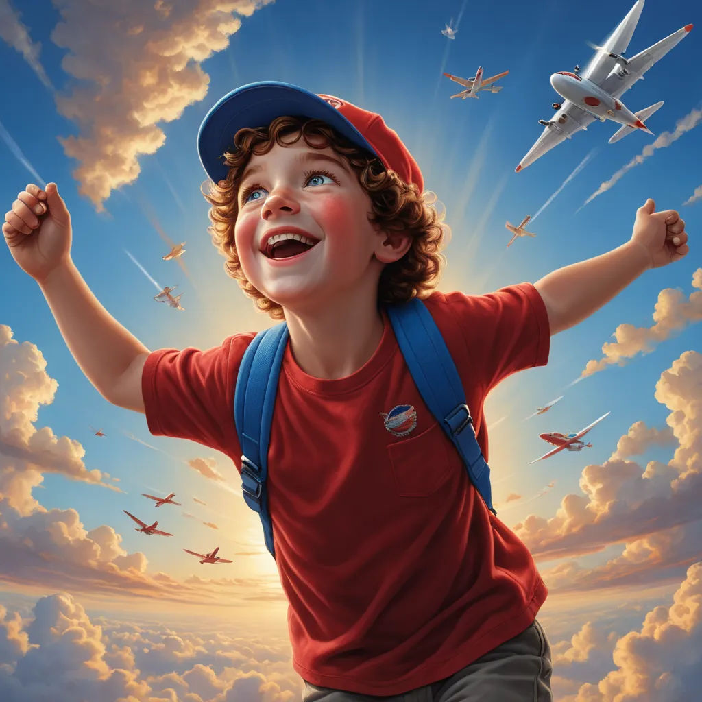 a boy with a backpack and a hat on is smiling and flying airplanes in the sky above him and below him, precisionism, an ultrafine detailed painting, Aaron Jasinski, highly detailed digital painting