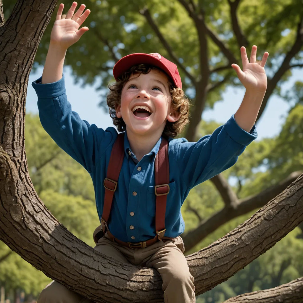 a young boy sitting on a tree branch with his hands up in the air and smiling at the camera, neoplasticism, a stock photo, Adam Rex, promotional image