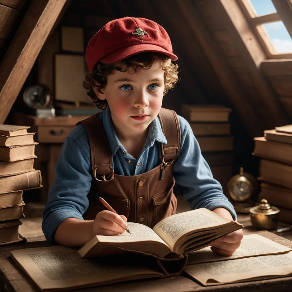 a young boy sitting at a desk with a book in his hands and a red hat on his head, art photography, a storybook illustration, Daniel Lieske, storybook illustration