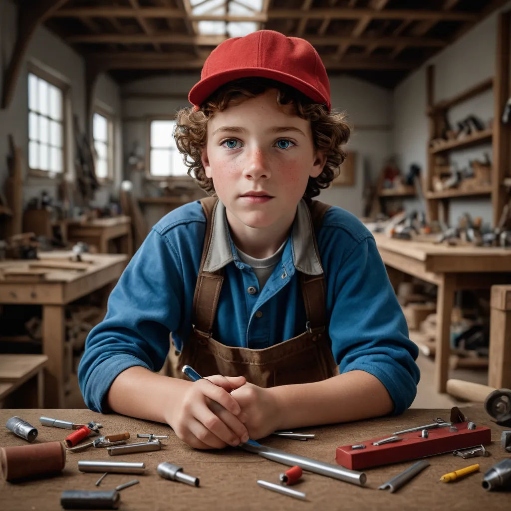 a young boy sitting at a table with tools on it and a red hat on his head and hands, arts and crafts movement, a jigsaw puzzle, Caspar Wolf, promotional image