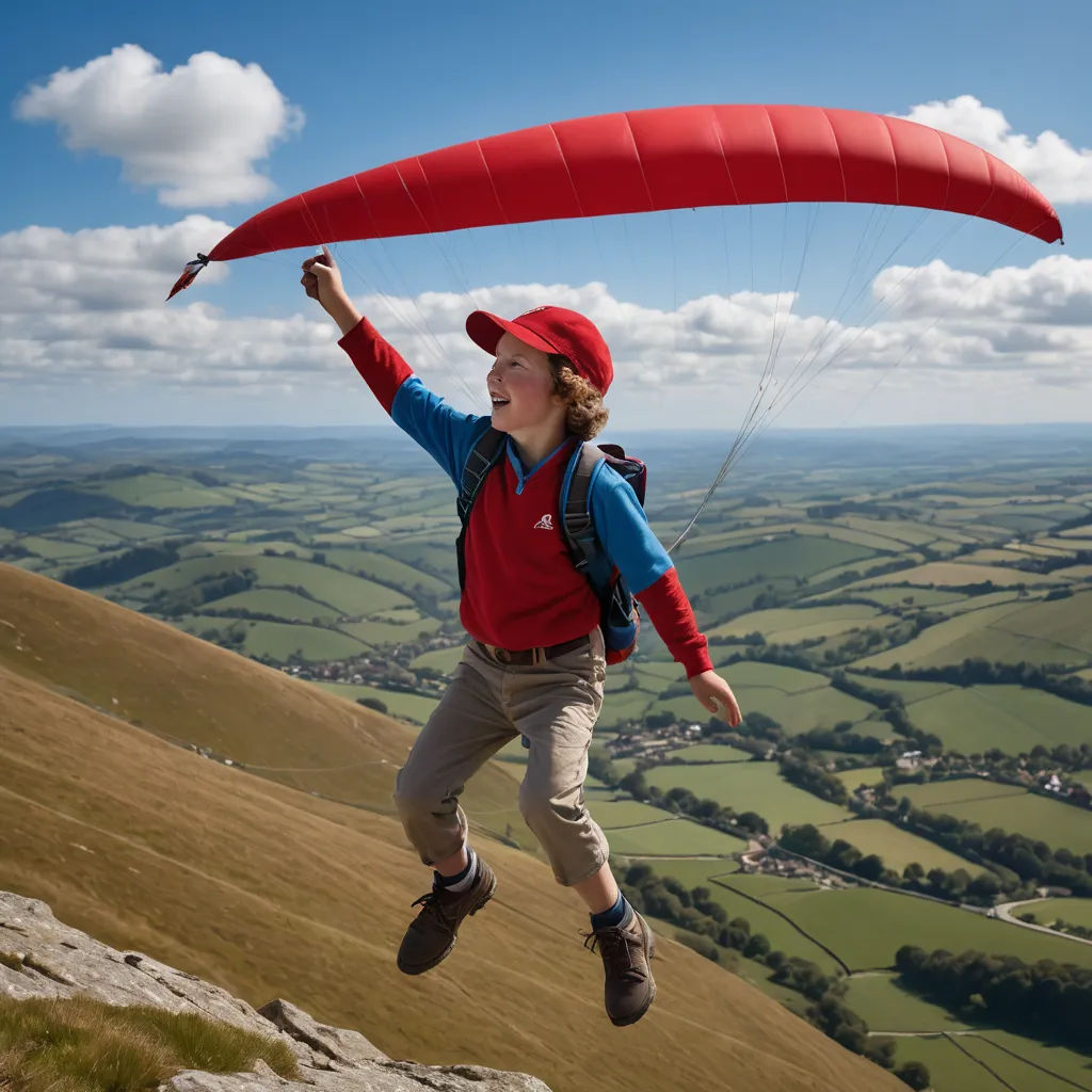 a young boy is flying a red kite in the air over a green valley and a valley below him, panfuturism, a stock photo, Cliff Childs, award-winning photograph