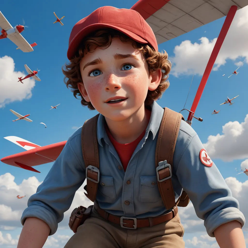 a boy in a red hat and overalls is sitting in front of a plane with a red tail, photorealism, a detailed matte painting, Clint Cearley, cgstudio