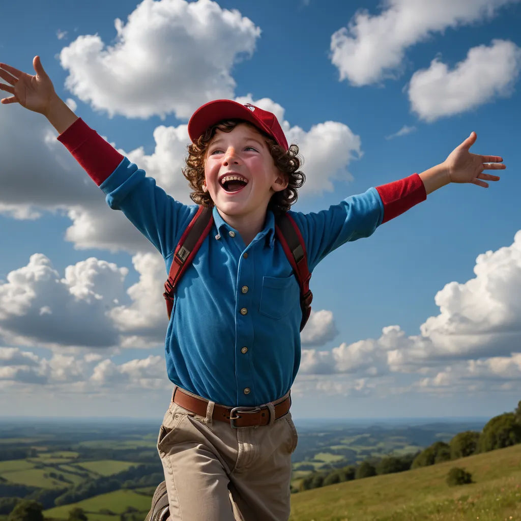 a boy with his arms outstretched in the air with his hands outstretched wide open in front of a blue sky with white clouds, figuration libre, a stock photo, Adam Rex, cheerful