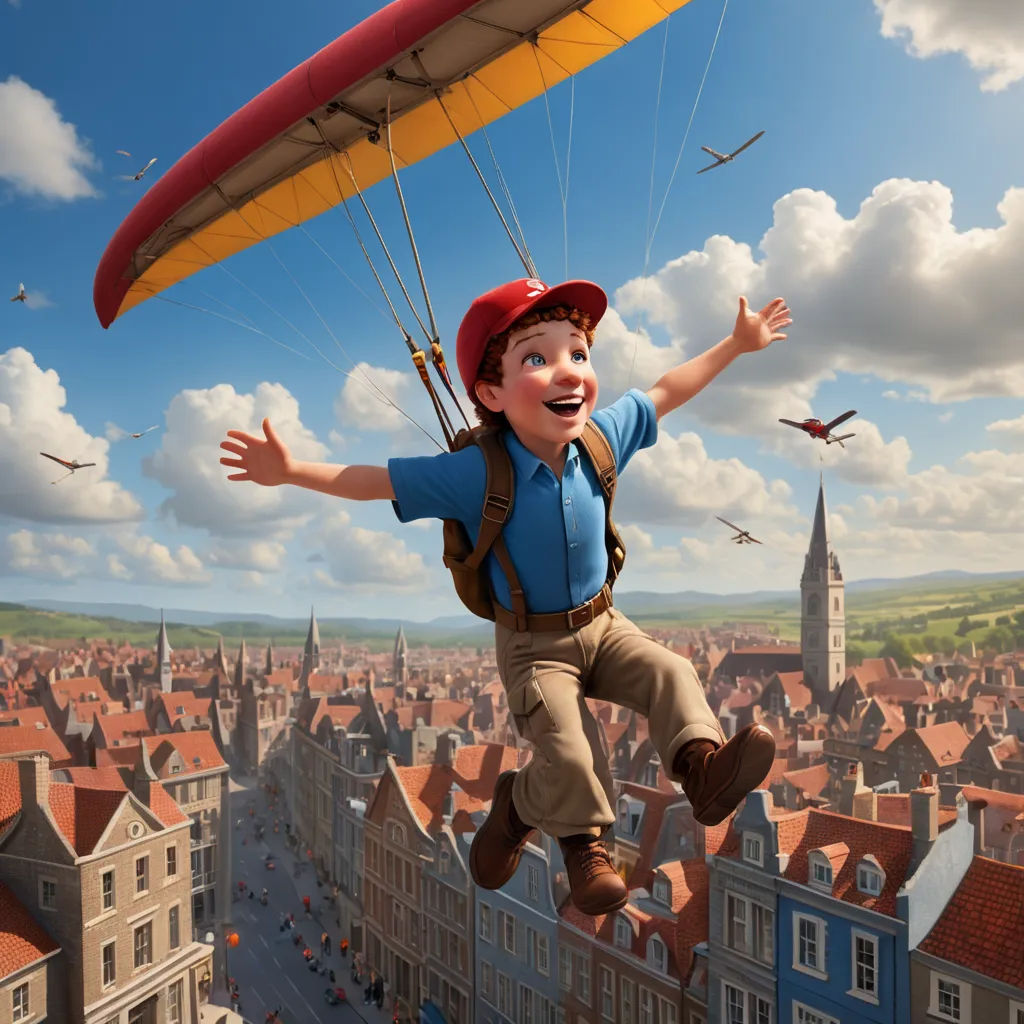 a boy is flying in a parachute over a city with a kite in the sky above him is a bird, photorealism, a detailed matte painting, Chris LaBrooy, cgstudio
